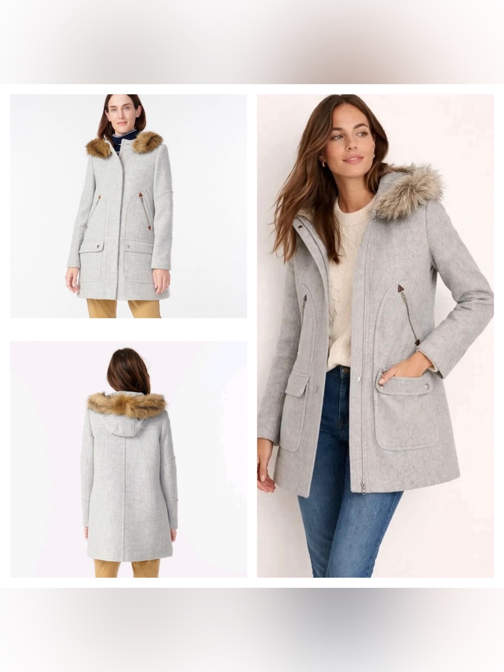 J.Crew Chateau Parka Women Wool Blend Coat Faux Fur Trim Hood Zip Snap Gray Sz0